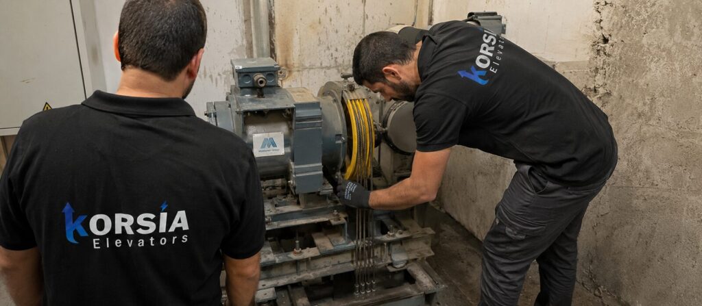 טכנאי קורסיה מבצע אחזקה שוטפת בחדר המכונות של מעלית