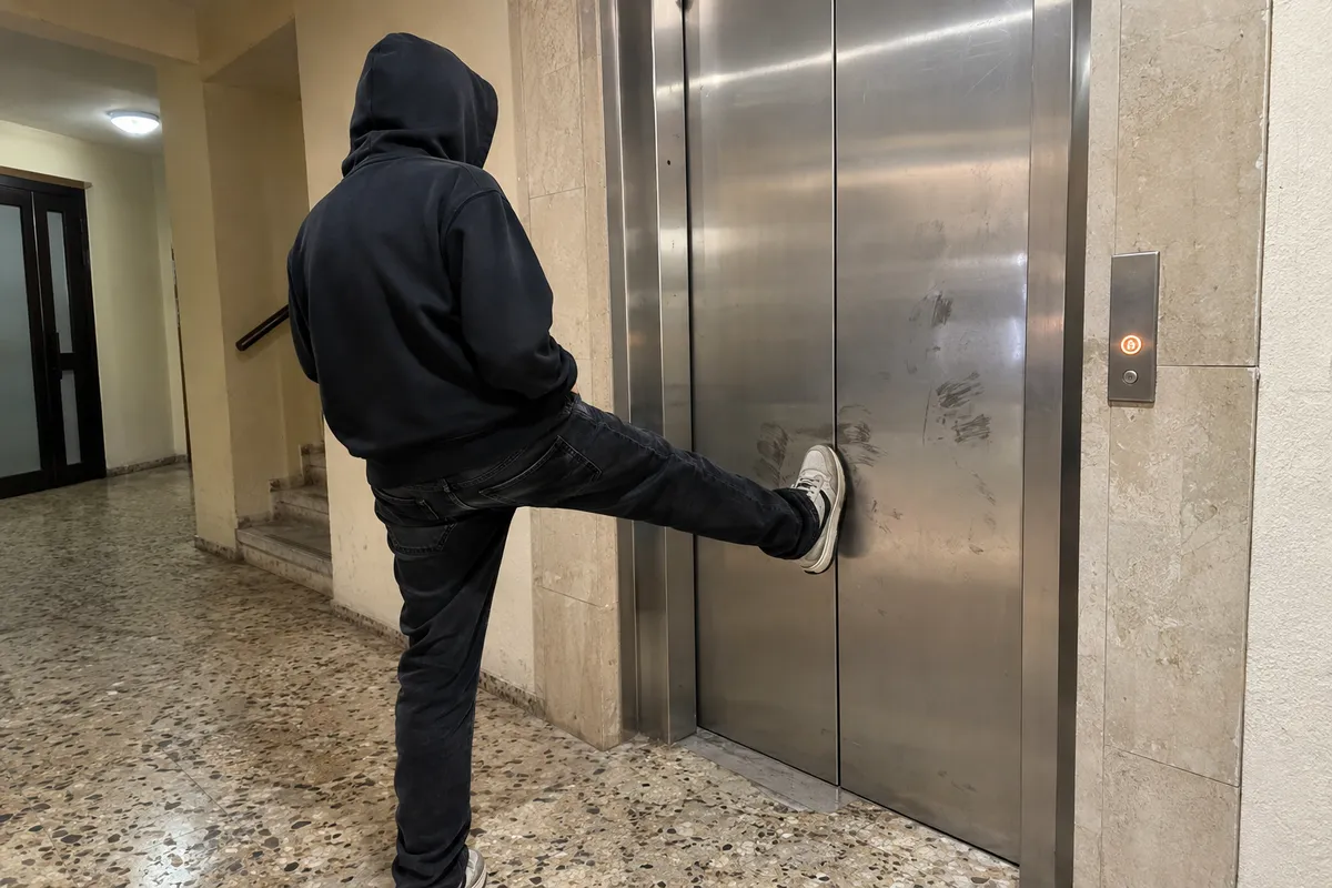 אדם בועט בדלתות מעלית סגורות בלובי של בניין מגורים, שימוש לא נכון שמזרז תקלות